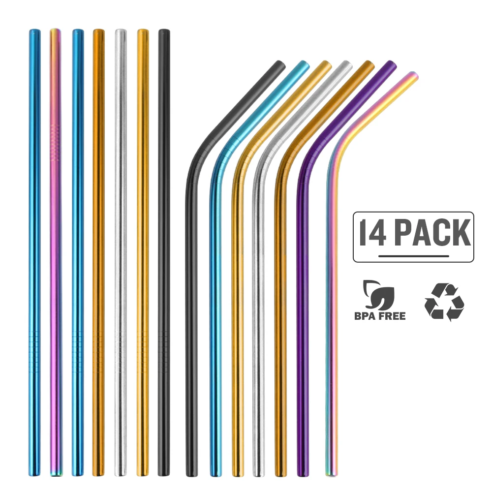 14pcs Multicolor Эко-дружественных соломинкой многоразовые Нержавеющая сталь металлическая соломинка Управление по санитарному надзору за качеством пищевых продуктов и медикаментов-одобренный Bpa с щеточка для чистки Портативный мешок 3/8/14 шт - Цвет: 14pcs Multicolor