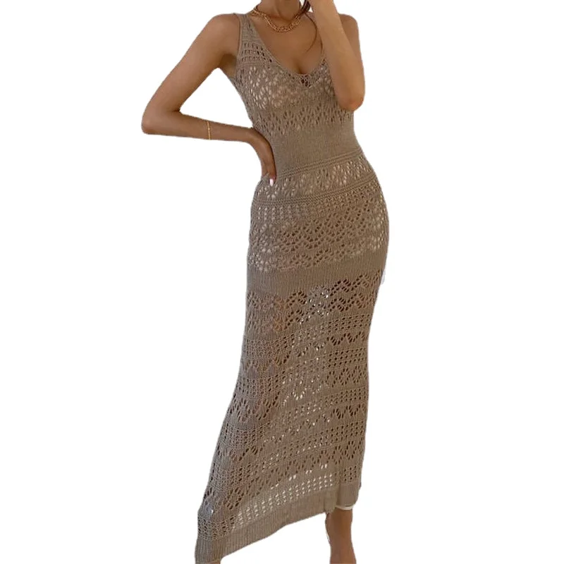 

2021 Beach Khaki Maxi Dress Women Off Shoulder White Summer White Casual Holiday V Neck Sleeveless Bodycon Dresses