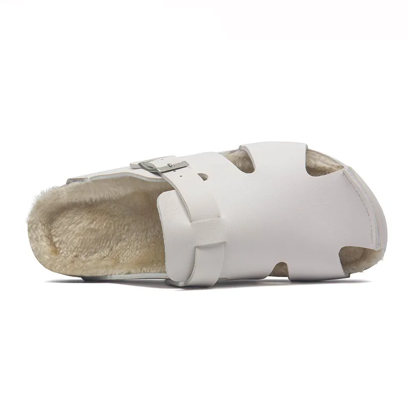 Женские теплые пробковые шлепанцы меховые сандалии с пряжкой закрытым носком