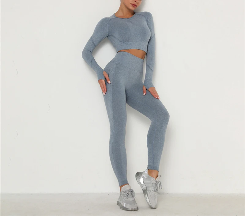 Women Seamless Yoga Set Gym Clothing Fitness Leggings Cropped Shirts Sport Suit Long Sleeve Tracksuit Active Wear | Спорт и