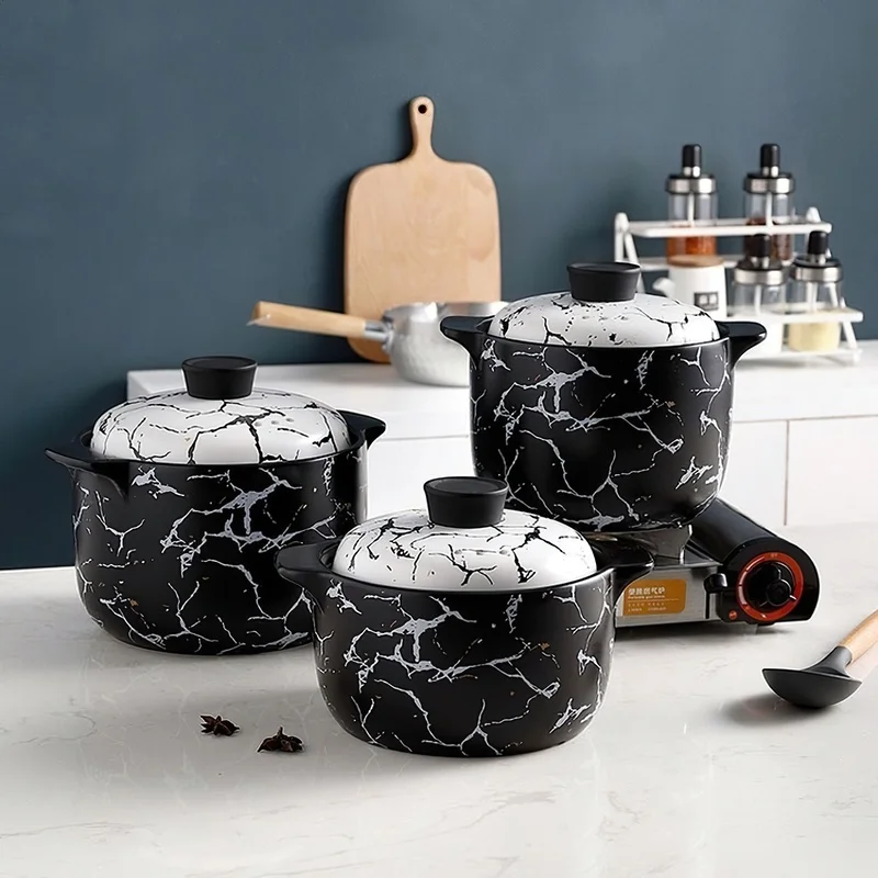 

Ceramic Casserole Nordic Black White Marble Pattern Soup Pot Stew Pot Open Flame Heat-resistant Home Kitchen Cooking Supplies