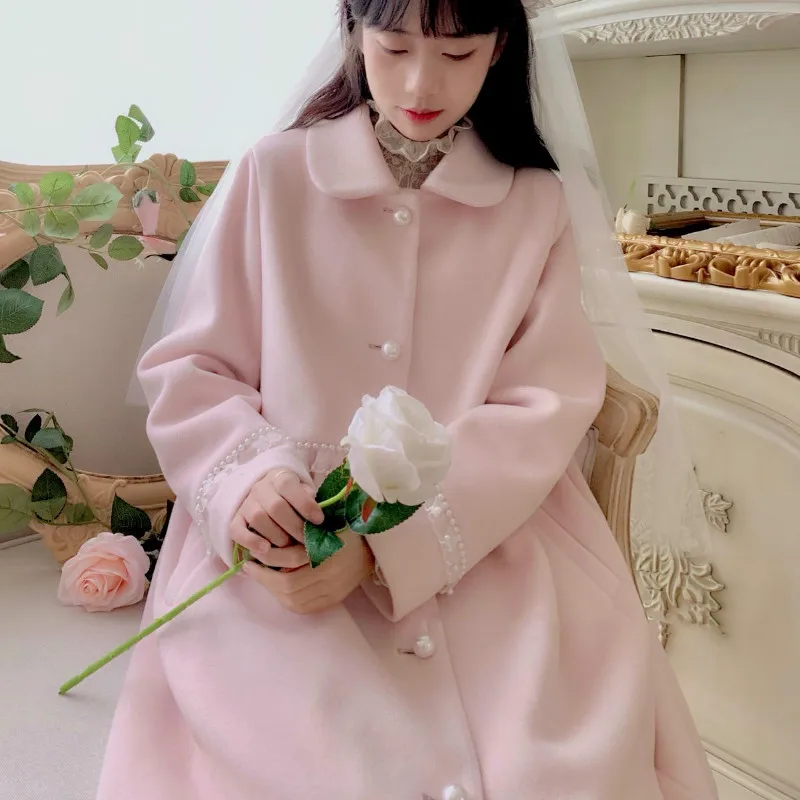 

Japanese Cute Kawaii Girl Coat Winter Warm Pearl Lace Preppy Sweet Soft Sister Peter Pan Collar Elegant Women Chic Cute Overcoat