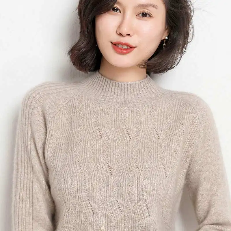

New Arrival High Quality Half High Neck Women Hollow Fashion Wool Woman Computer Knitted Casual Pullovers Sweater Size M L XL