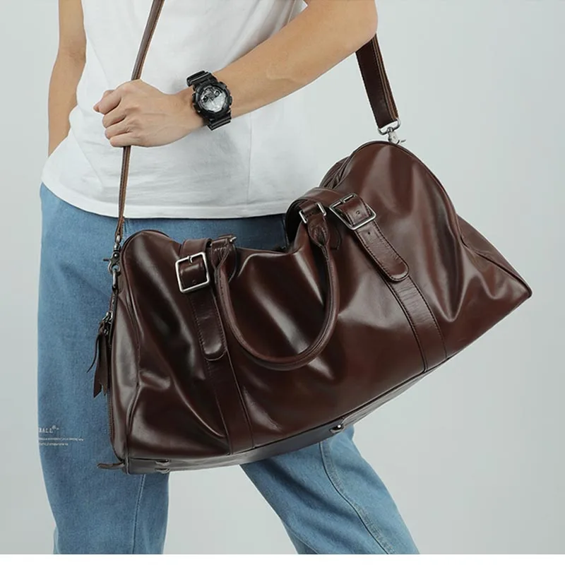 Luufan Mens Genuine Leather Travel Bag Big Capacity Tote Duffle Weekend Bag Soft Real Leather Male Luggage Handbag Shoulder Bag