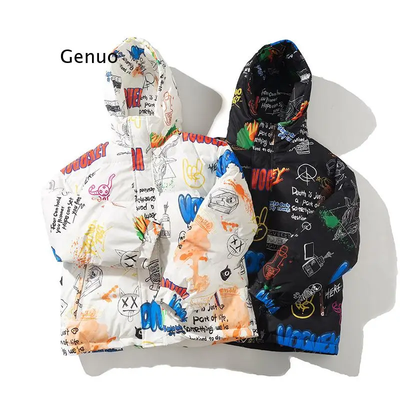 Down Cotton Jackets Hooded Men Thick Warm 2021 Graffiti Print Streetwear Winter Jacket Women Loose Oversize Coat