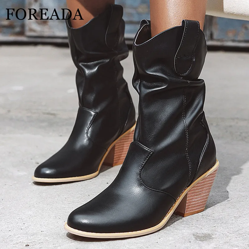 

FOREADA High Heel Western Boots Woman Pleated Mid Calf Boots Round Toe Shoes Block Heel Short Boots Female Autumn Winter Red 43