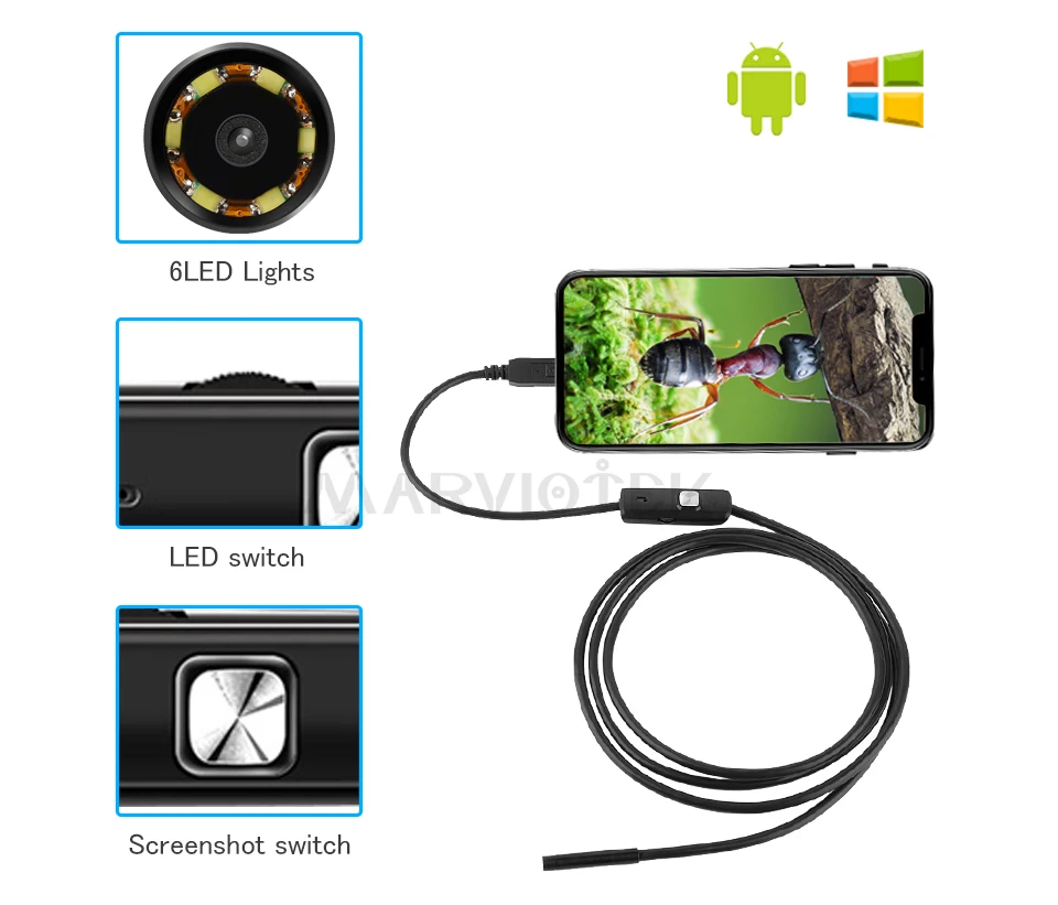 Micro USB Android телефон Бороскоп, эндоскоп, камера 8 мм диаметр 1/1. 5/2/3,5/5 м IP67 водонепроницаемая Мини камера 6 светодиодный USB эндоскоп