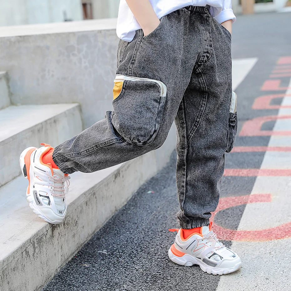 Джинсы для мальчиков детские джинсы в стиле пэчворк с карманами брюки карго