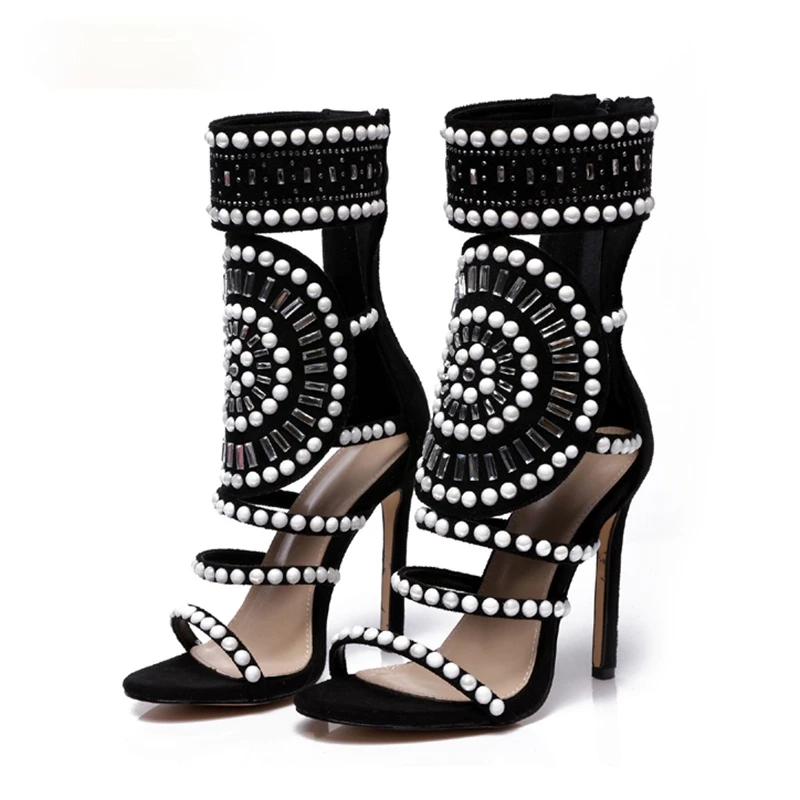 

Women Fashion Open Toe Rhinestone Design High Heel Sandals Crystal Ankle Wrap Glitter Diamond Gladiator Black Size 35-42