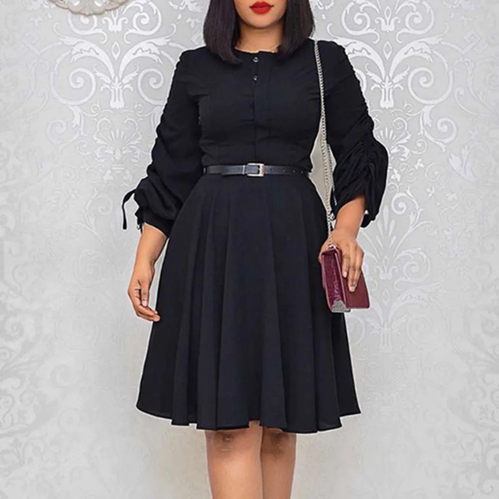 

Western Style African 2021 Summer New Women's Folds Single-breasted Solid Color High Waist Pleated Dress Round Neck