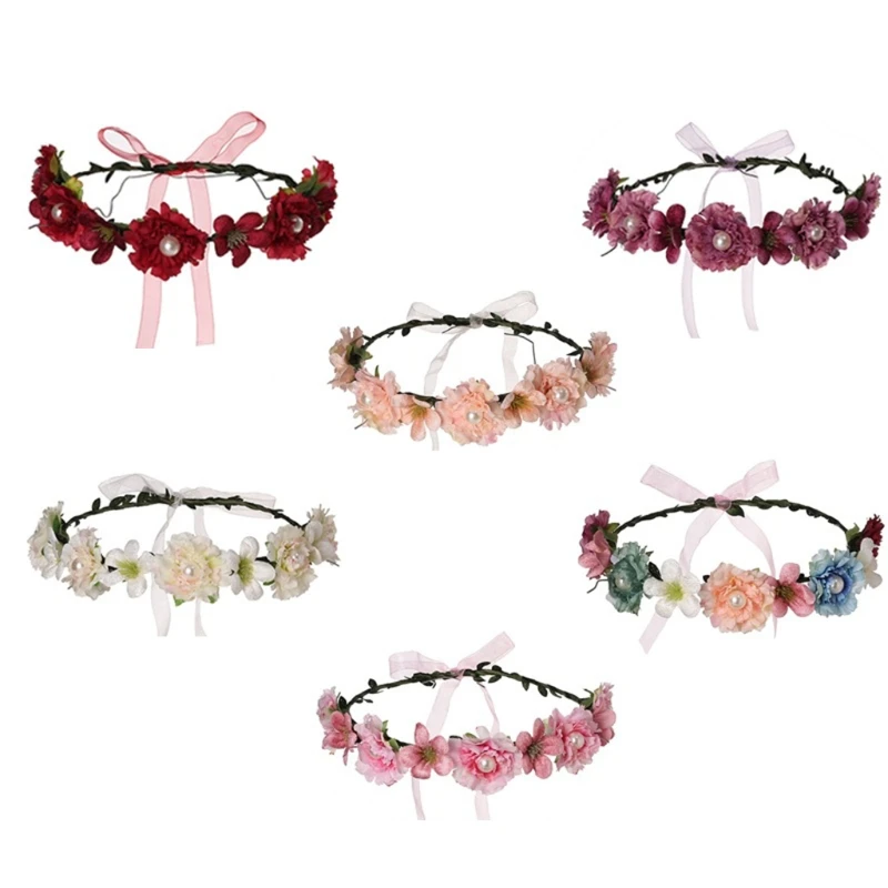 

Adjustable Boho Floral Crown Pearl Decor Faux Flower Wreath with Ribbon Crown Adjustable Garland Wedding Photo Props