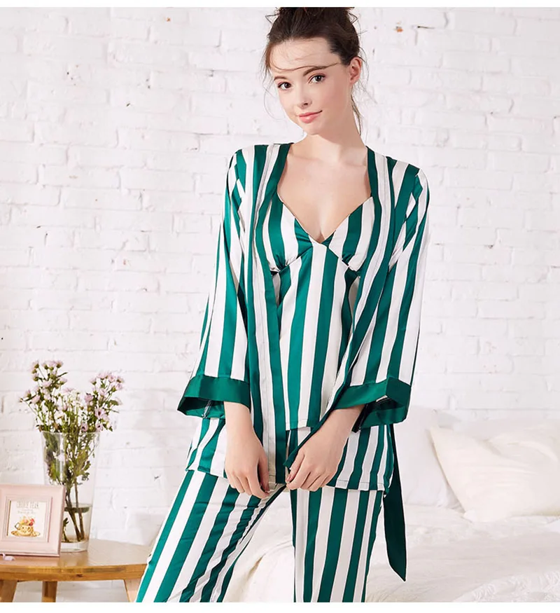 

Women's 3 Pieces Pajamas Sets Emulation Silk Striped Pajamas Women Sleepwear Sets Autumn Homewear