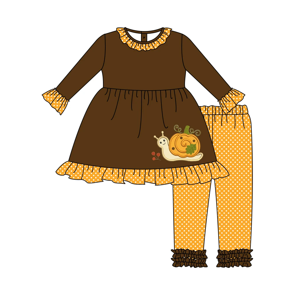 

Fashionable Pure Cotton Baby Girl Suit Brown Long Sleeves With Snail Embroidery And Orange Polka Dot Trousers Children Clothing