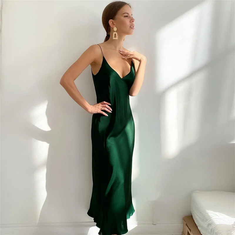 

Women Satin Sleeveless V-Neck Bodycon Long Midi Dress 2021 Sleeveless Spaghetti Strap A-Line Evening Party Autumn Dresses