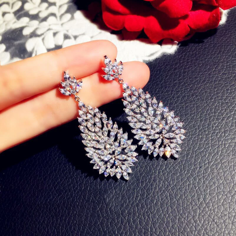 

Luxury Shiny Clear Crystal Princess Dangle Earrings High Quality Wedding Engagement Drop Earring for Women Fine Jewelry Gift