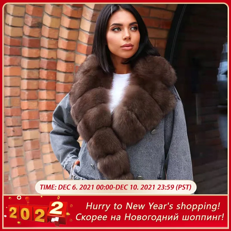 Denim Jacket With Fur Collar Winter Women Parka Real Fox Coat 2021 New Style 100% Natural Female | Женская одежда