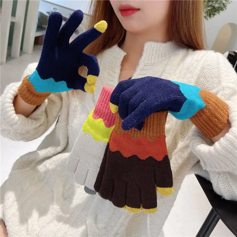 

2021 Winter Women Touch Screen Gloves Knitted Autumn Hand Warmer Thicken Unisex Stretch Knit Mittens Skiing Short Wrist Gloves