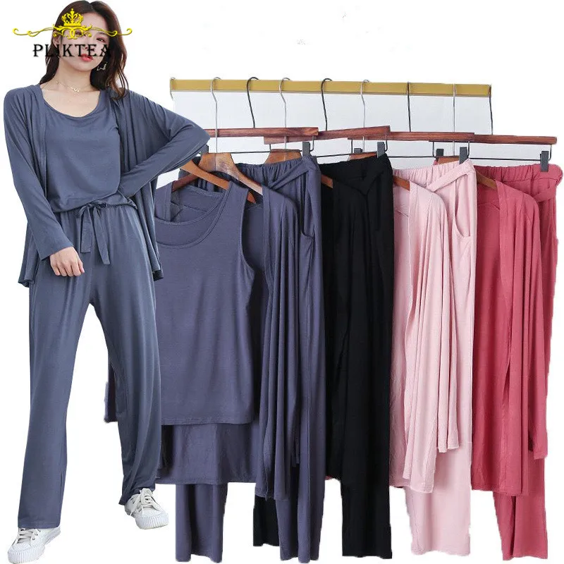 

Autumn 3 Pieces Set Long Sleeve Modal Atoff Home Women's Loose Casual Pajamas Autumn Soft Home Cloth Plus Size Loose Sleepwear