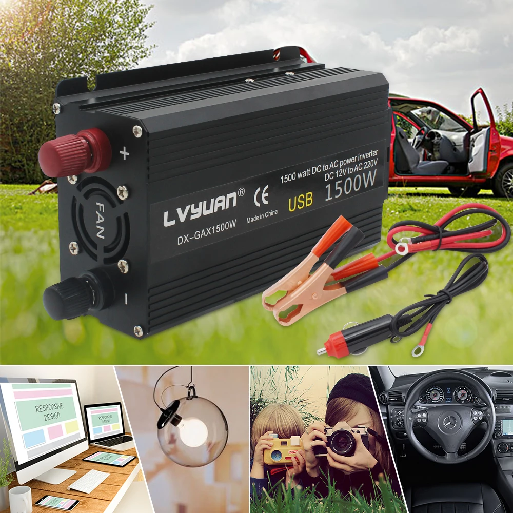 DC12V к переменному току 230V 500W 1200W 1500W 2000 Вт пиковый ЕС розетка USB Инвертор
