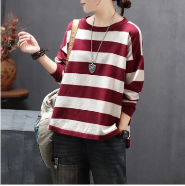 Autumn Sweater Women Retro Loose Knitting Pullovers 2019 New Ladies Tops O-Neck Long-sleeved Striped Casual Mori girl | Женская одежда