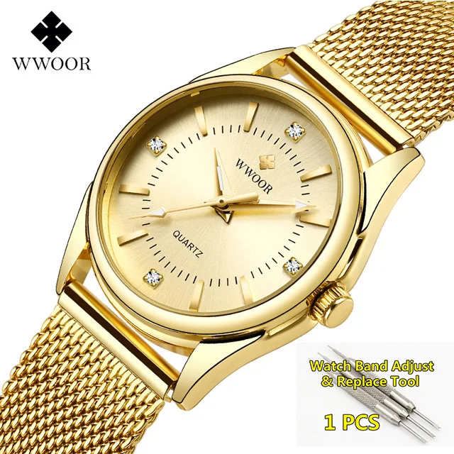 gold-with-tool WWOOR Для женщин часы Элитный бренд платье с бриллиантами золотые наручные часы Нержавеющая сталь женские часы золотые кварцевые часы Для женщин - Цвет: gold-with-tool