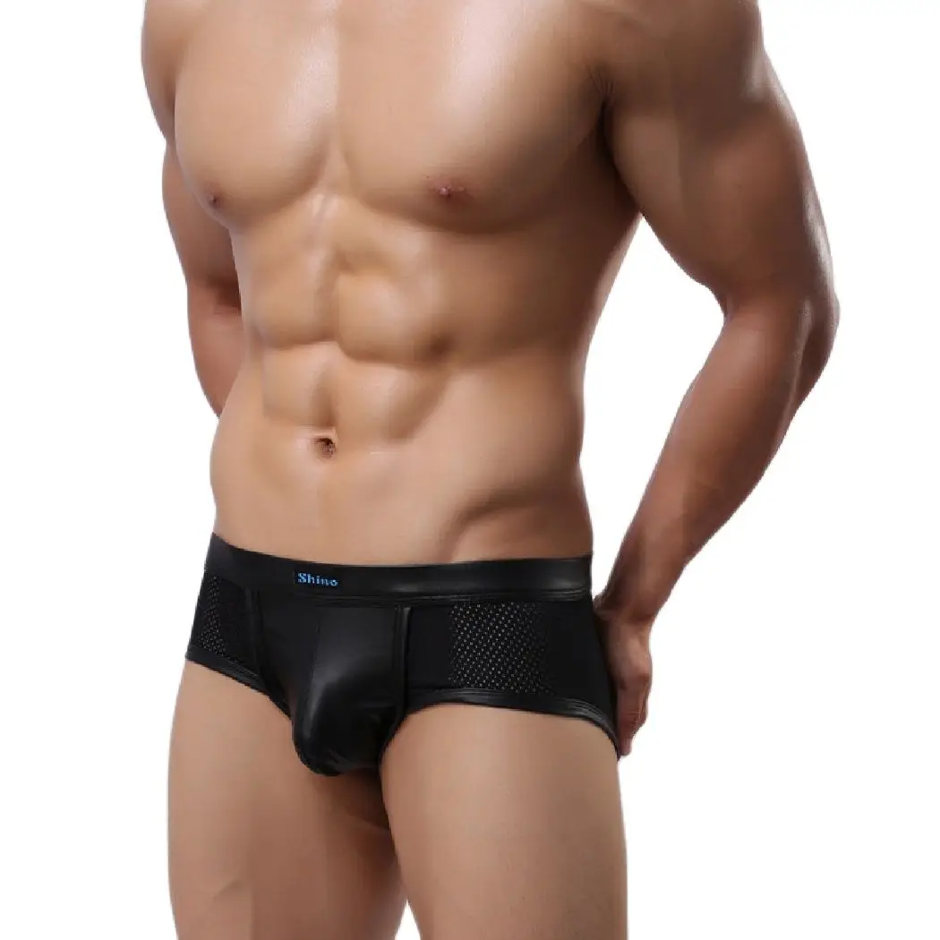 Мужские трусы боксеры из искусственной кожи черные короткие шорты с низкой