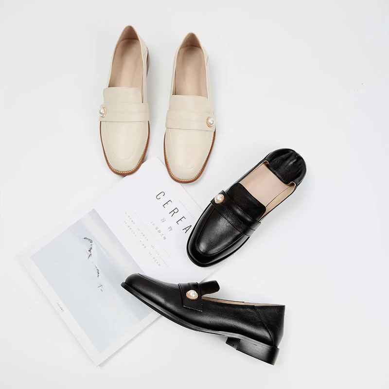 

LIBIELIY Genuine Leather Loafers Women Slip On Square head Toe Flats for Ladies Casual women Shoes with flat sole single shoes