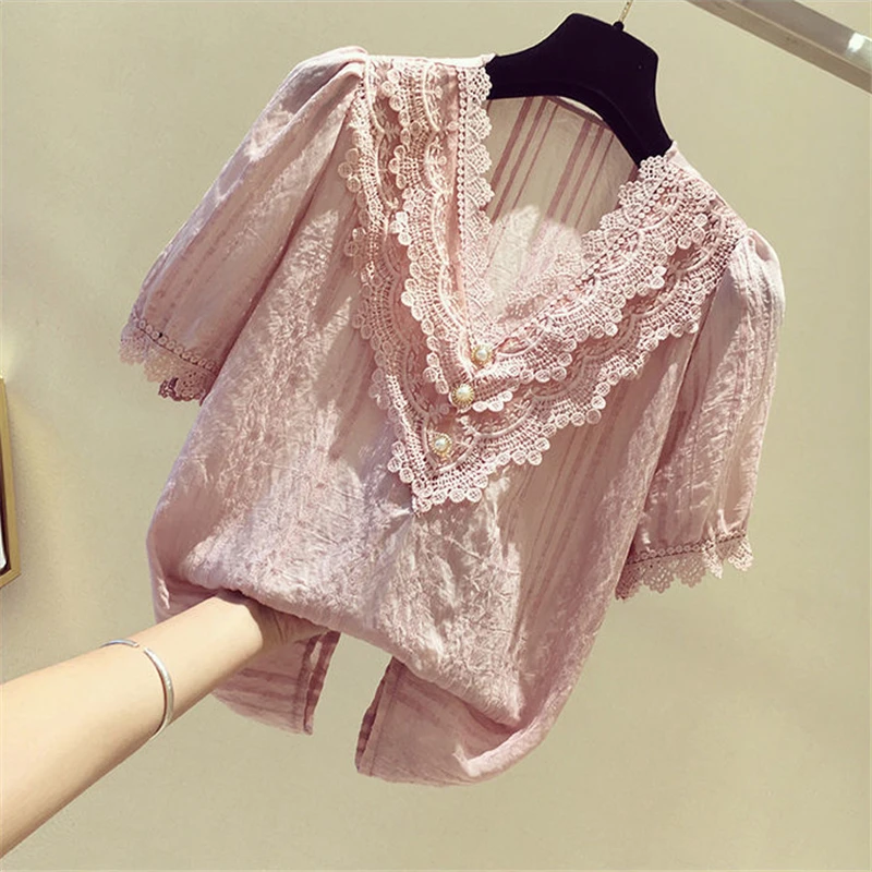 

2021 Korean New Fashion Clothing Plus Size Solid Shirt Women Blouse Summer Womens Tops and Blouses Lace Patchwork Blusas Mujer