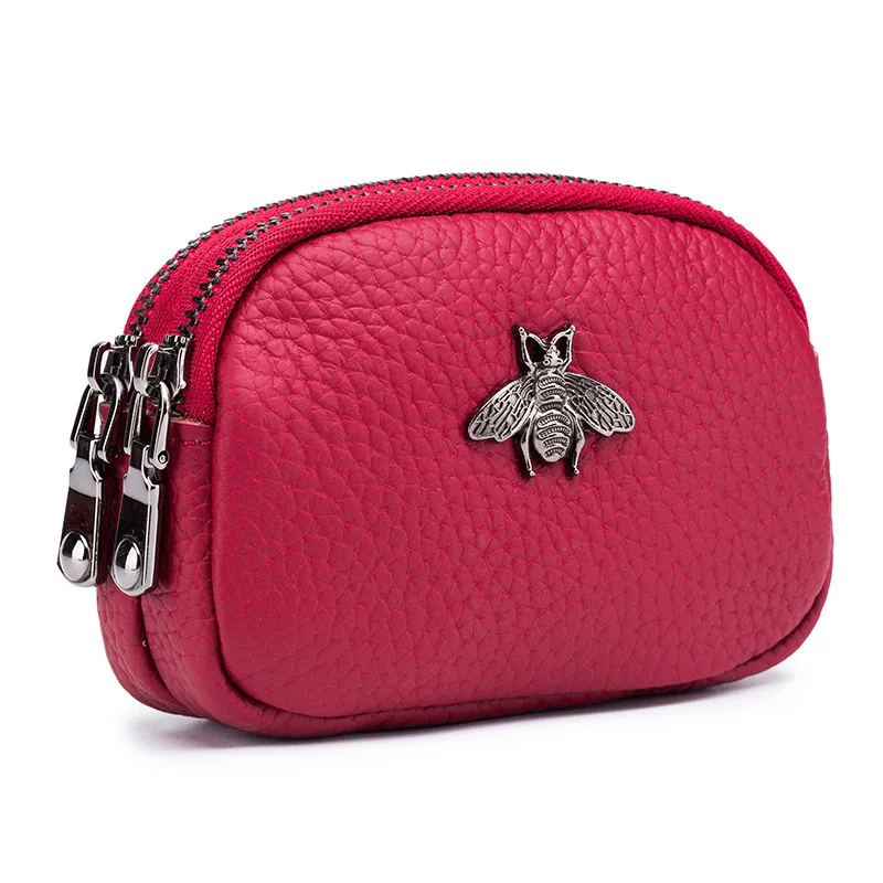 Genuine Leather Women's Small Coin Wallet with Cute Bee Lady Zipper Money Purse Credit Card Holder