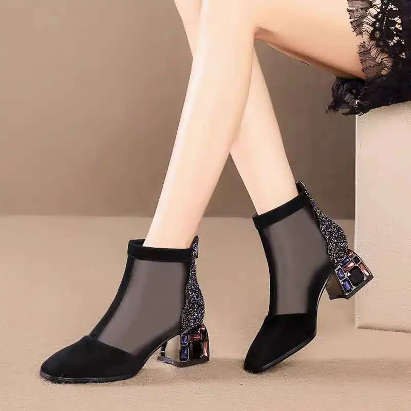 Летние сетчатые ботинки женская обувь на среднем каблуке блестящая ткань с