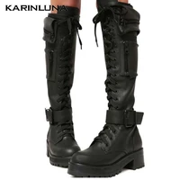 karinluna dorp shipping on sale stylish women shoes cool gothic style knee high boots with packet zipper med heel shoelace shoes