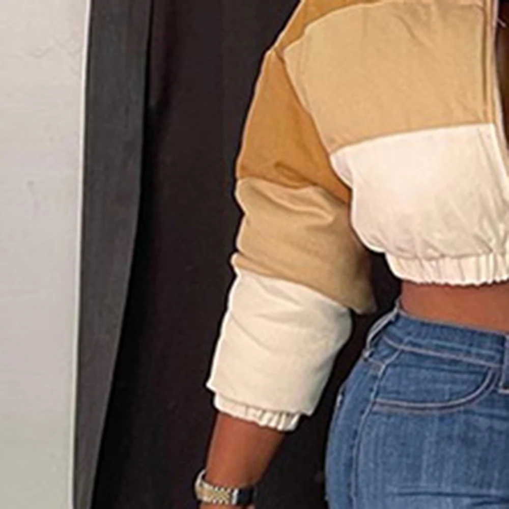 HAOOHU Women New Cotton-padded Jacket Casual Fashion Commuter Simple Style Long-sleeved Contrast Stitching Short Thick Warm Top