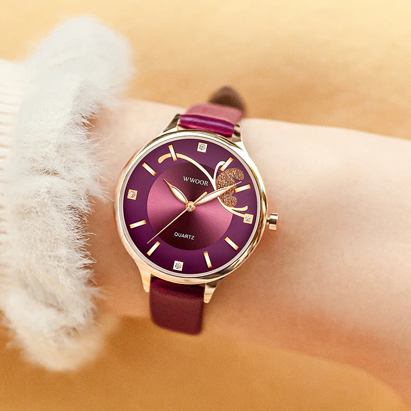 

Часы женские WWOOR, кварцевые, с бриллиантами, водонепроницаемые, красного цвета, с кожаным ремешком, 2021