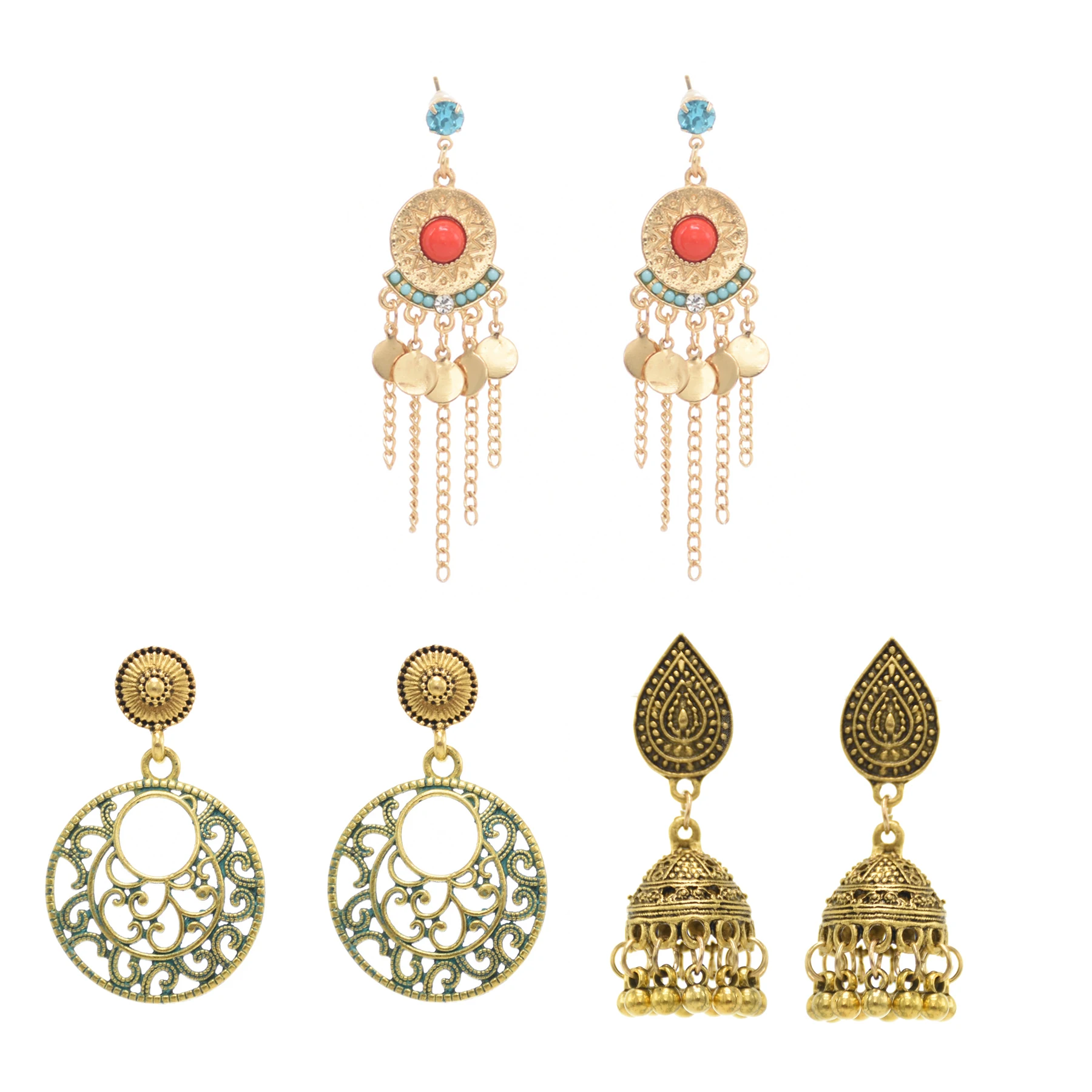 

3 Pairs Earrings/Set Classic Vintage Bell Tassel Indian Drop Earrings For Women Gypsy Turkish Afghan Ethnic Tribal Dress Jewelry