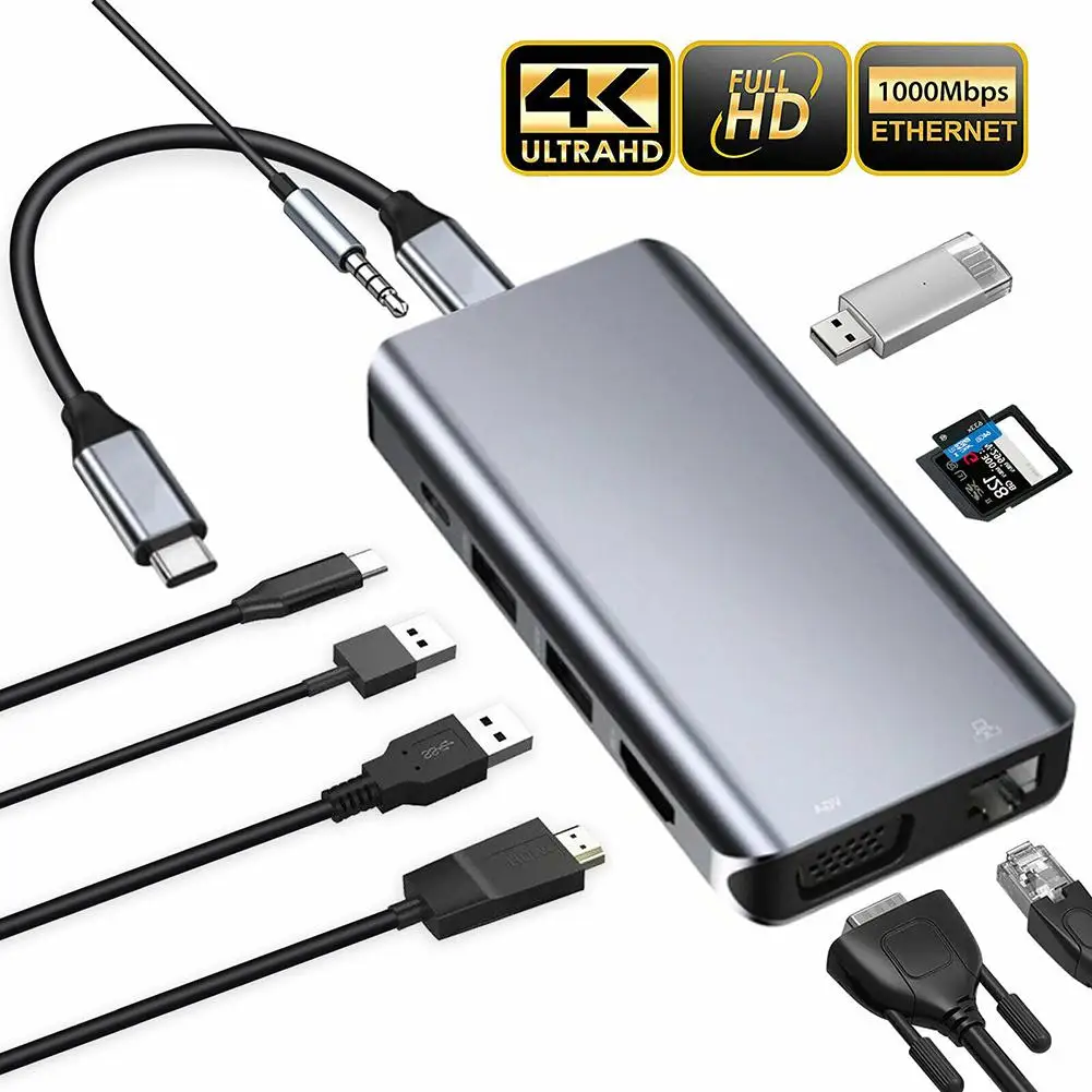 

Переходник USB Type-C/HDMI, 4K, VGA, RJ45, Lan, Ethernet, SD, TF, USB-C, 3,0, Type-C, разъем 3,5 мм, аудио, видео для MacBook, OTG
