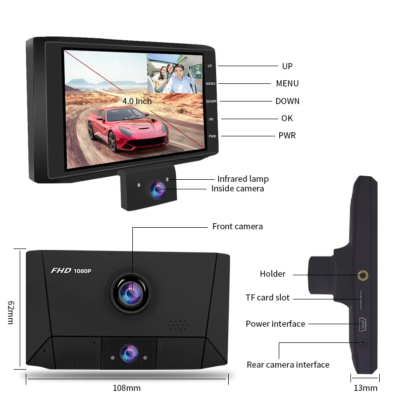 E ACE Автомобильный видеорегистратор 4 0 дюймов Dash Cam 3 Камера s объектива Авто