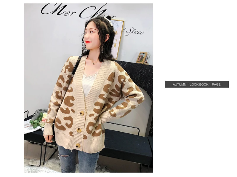 LEH кардиган с леопардовым принтом для женщин v-образный вырез пуговицы свитер