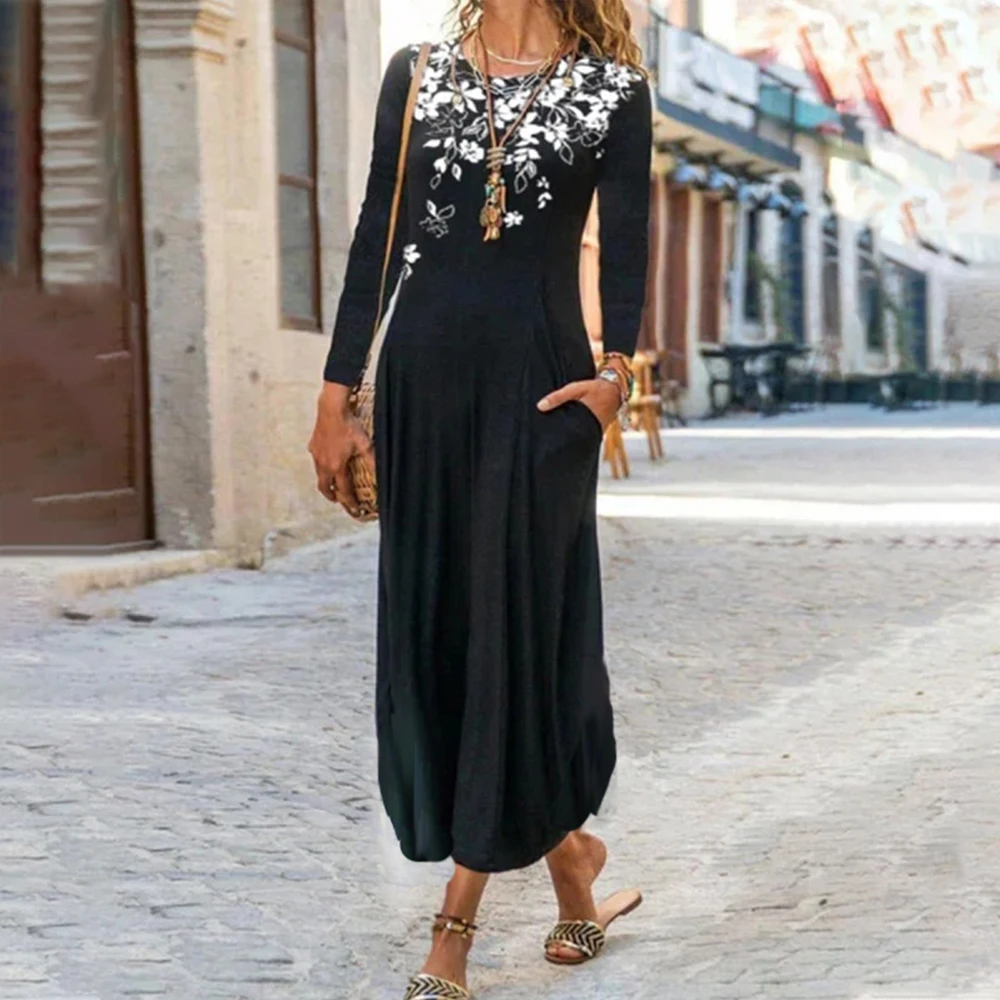 

Women's Casual Dress Maxi Round Neck 2021 Spring Autumn Pullover Natural Ladies Floral Printing Long Sleeve Casual Long Dress