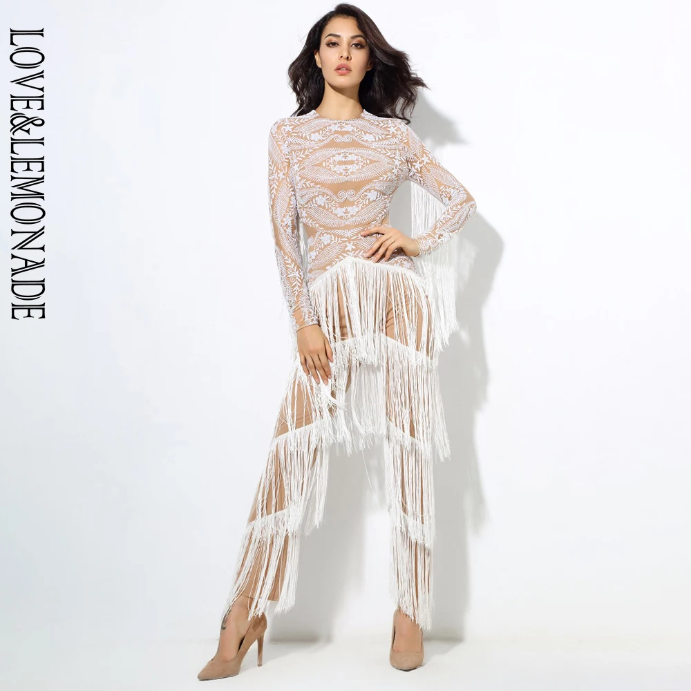 Комбинезон с кисточками LOVE & LEMONADE белый геометрическим рисунком и бусинами