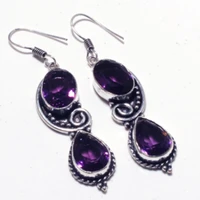 genuine amethyst silver overlay on copper earrings hand made women jewelry gift e5333