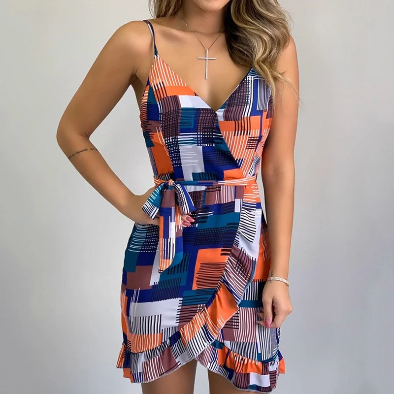 

Summer Women Sexy V-neck Spaghetti Strap Color Patchwork Slim Bandage Ruffles Mini Dress Ladies Elegant Holiday Dress SJ5792R
