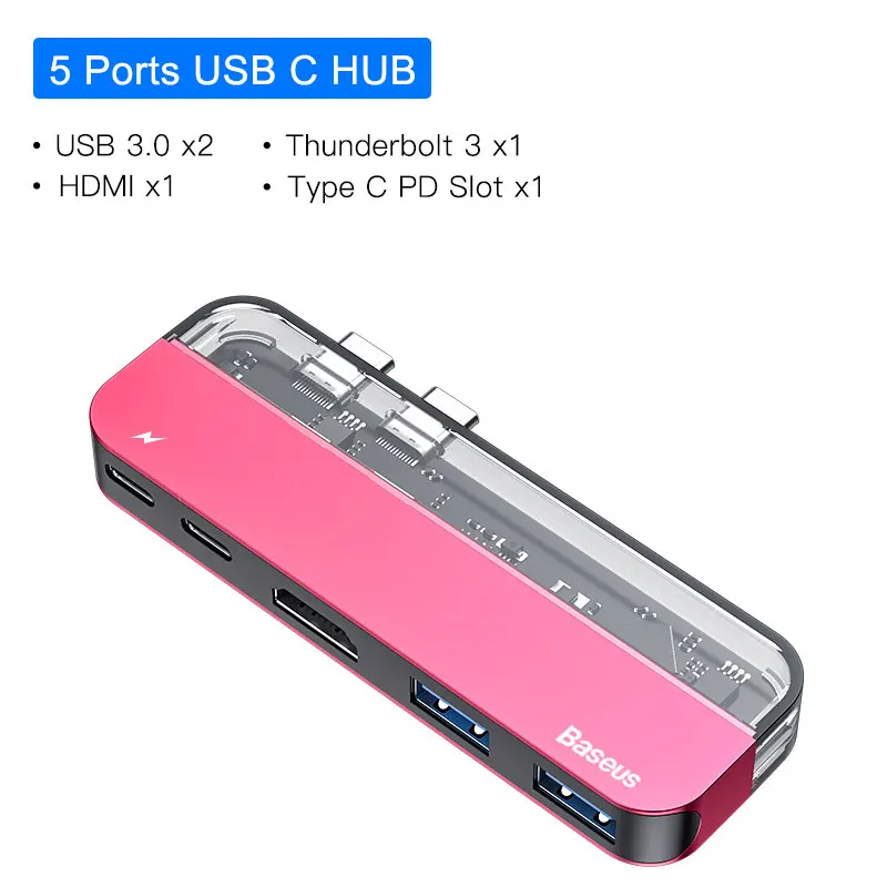 Red 5 in 1 USB HUB Baseus Dual Тип-C 7in1 USB 3,0 Тип C концентратор HDMI RJ45 адаптер для MacBook Pro OTG usb-хаб 3,0 PC компьютерных аксессуаров - Цвет: Red 5 in 1 USB HUB