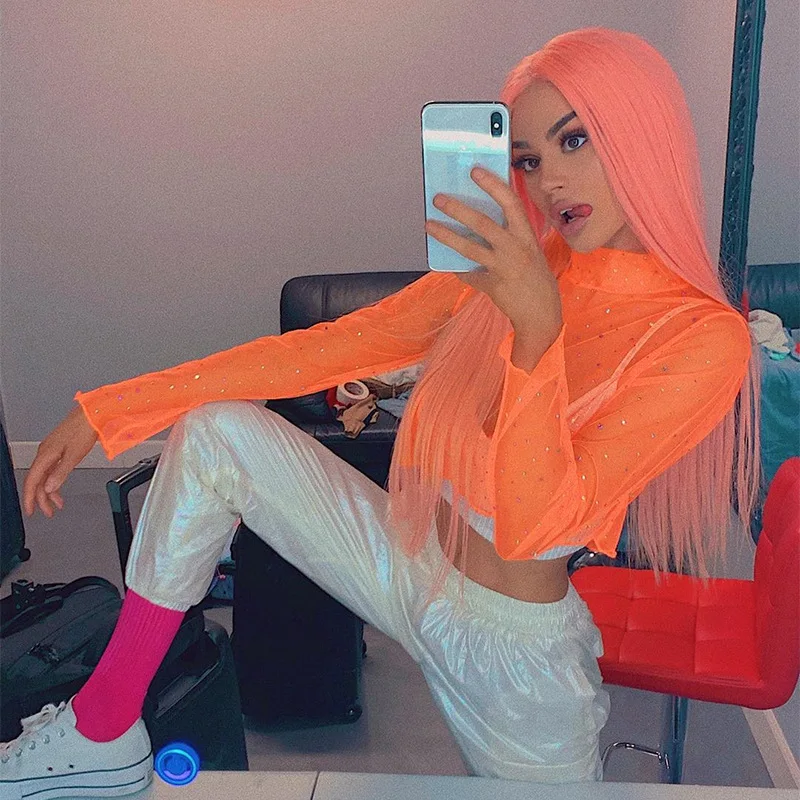 BOOFEENAA Модные топы 2019 Сексуальная сетчатая неоновая оранжевая водолазка с