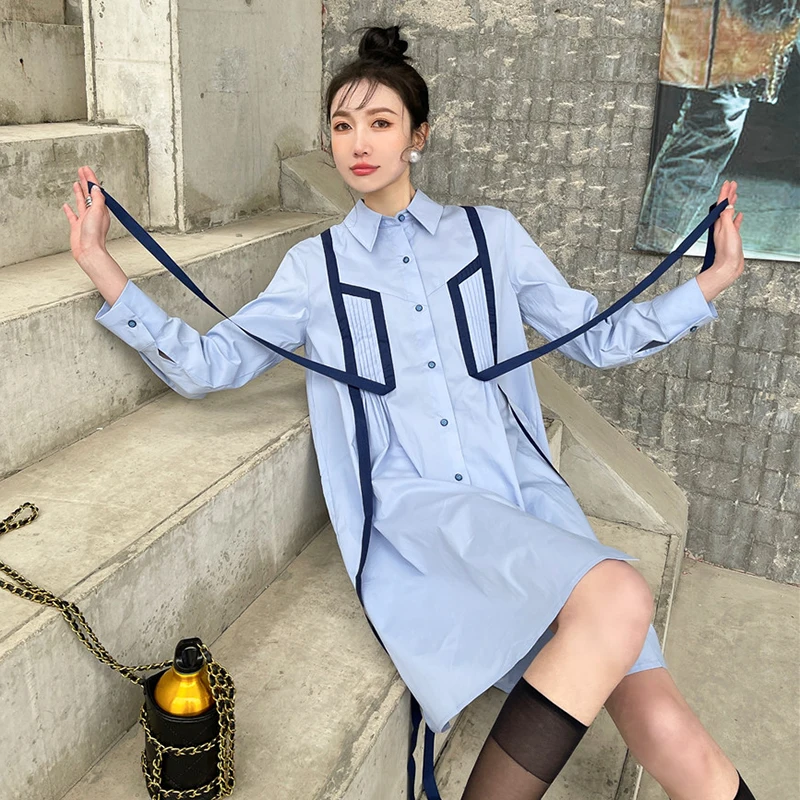 

XIZIHUPAN Pleated Shirt Dress For Women Lapel Long Sleeve Blue Loose Midi Dresses Female 2021 New Fashion Spring Style Clothes