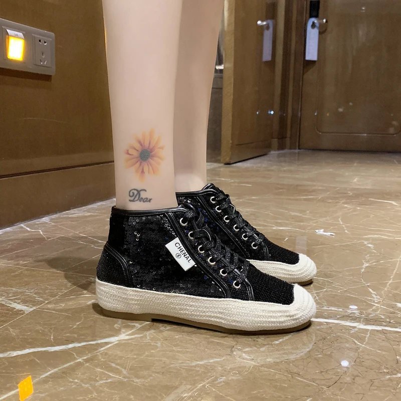 

High-top small fragrant wind sequined fisherman shoes women's tide ins 2020 new flat bottom shoes all-match sports casual shoes