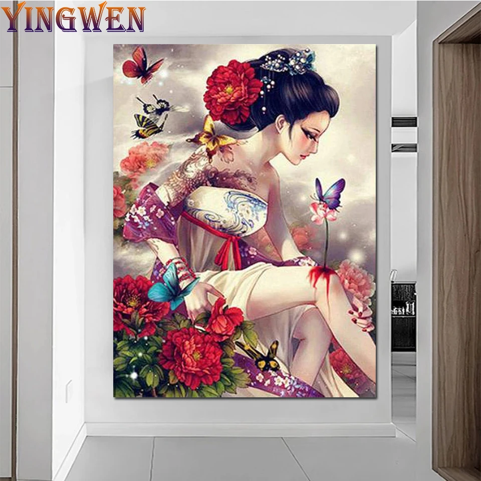 

Japanese Woman 5D Diamond Painting Flower Cross Stitch Kits Full Diamond Embroidery DIY Rhinestone Picture Mosaic Art Home Decor