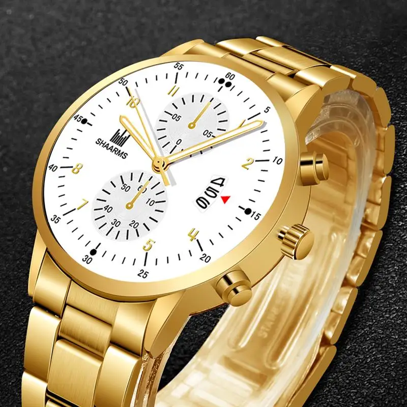 SHAARMS Позолоченные Роскошные часы из нержавеющей стали ремешок Мужские кварцевые