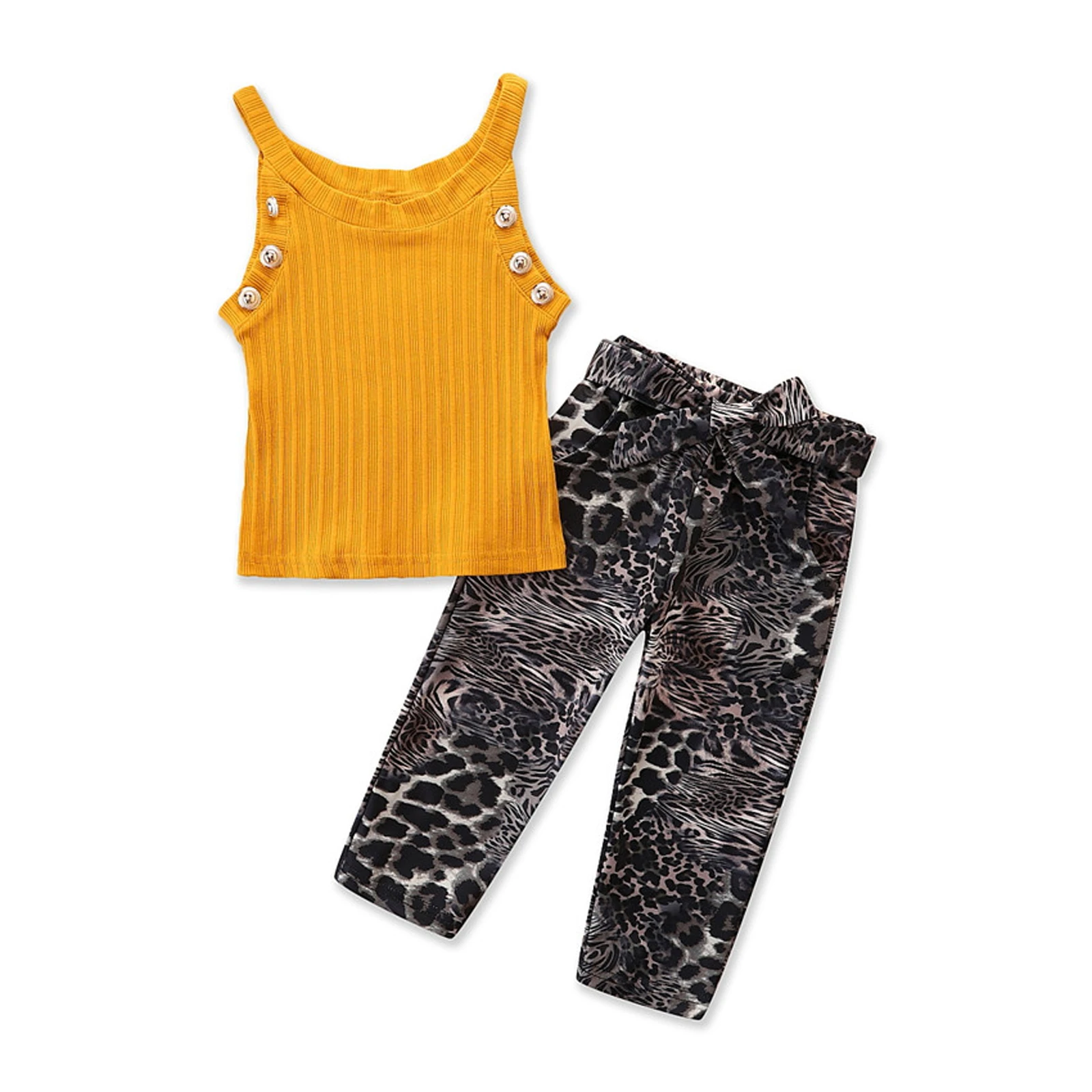 

1-6Y Fashion Children Girls Clothing Sets Toddler Kids Girls Solid Sleeveless Tank Tops+Leopard Long Pants Outfits
