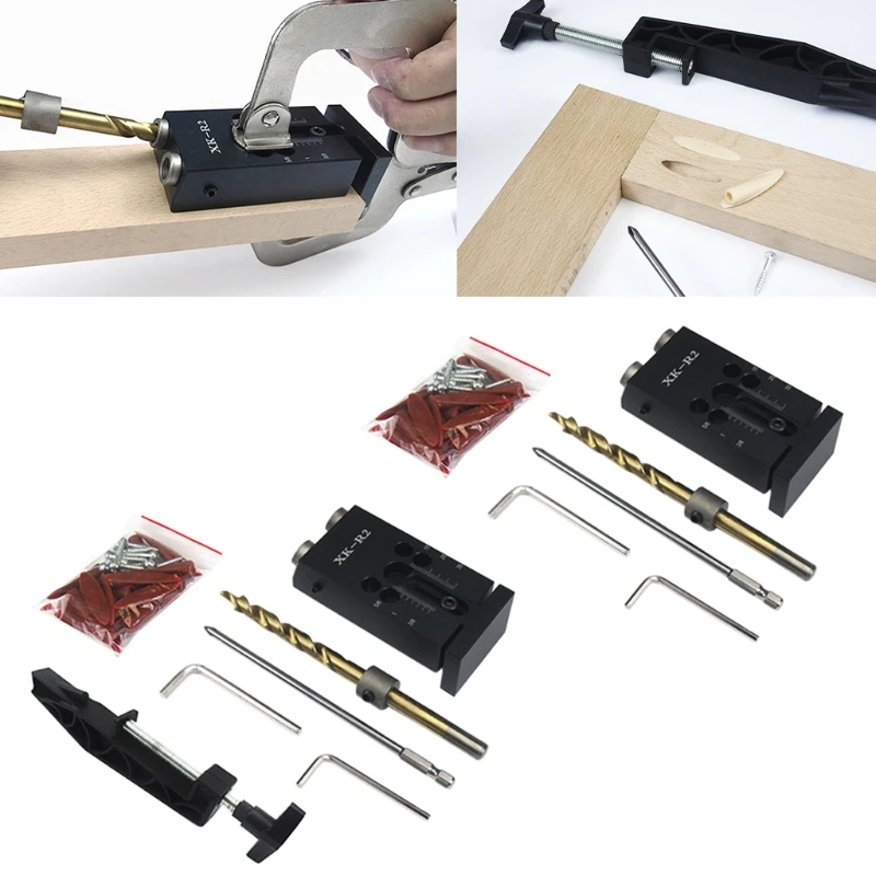 

Adjustable Inclined Hole Jig Kit Drill Guide Set for Puncher Cabinet Woodworking Joinery with Step Drill Bit Hex Wrench