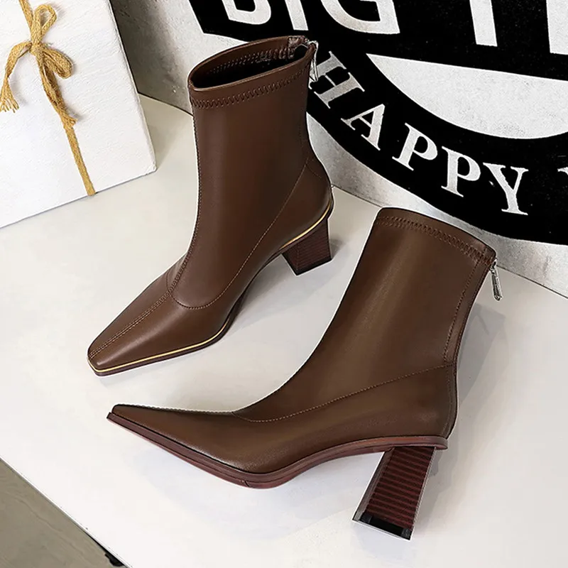 

BIGTREE Shoes Pu Leather Boots Women Ankle Boots Sexy High-heel Boots Autumn Winter Shoes Short Boots Plus Size 40 Women Heels